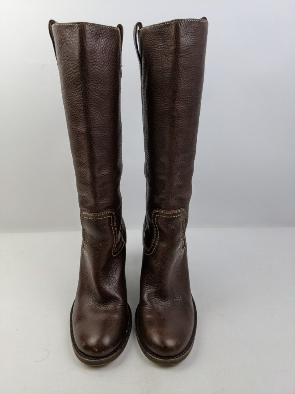 Frye Caroline Campus Boots Women Size 9.5 Brown Leather Wedge Heel Tall Riding